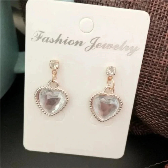 Rhinestone Heart Dangle Earrings Gold Clear - Picture 1 of 2